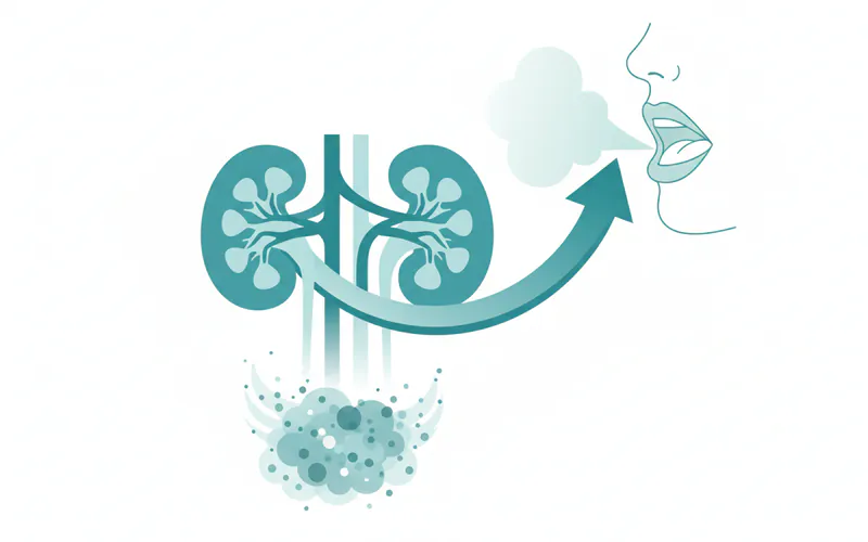 Illustration showing kidneys filtering waste and an arrow pointing to the mouth, symbolizing the systemic link to breath