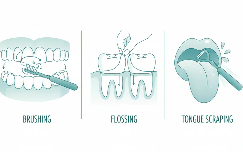 Infographic illustrating proper brushing, flossing, and tongue scraping techniques