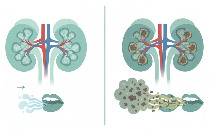 Illustration showing a healthy kidney filtering waste versus a diseased kidney with waste products (urea, ammonia) accumulating in the bloodstream, leading to their release in the breath via saliva.