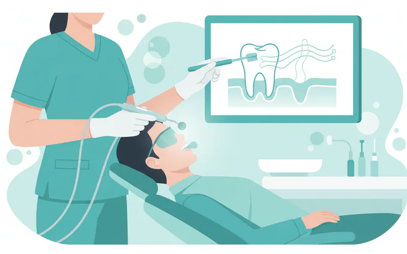 A patient in a dental chair receiving a professional cleaning, with a focus on gentle instruments and a hygienist explaining oral care techniques. Emphasize comfort and specialized care for systemic conditions.