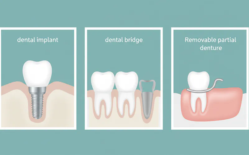 A visual comparison chart showing three different options for replacing a missing front tooth: 1) a dental implant with a screw in the bone, 2) a three-unit dental bridge anchored to adjacent teeth, and 3) a removable partial denture with a metal clasp.