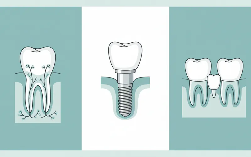 Comparison table showing replanted tooth vs. dental implant vs. fixed bridge