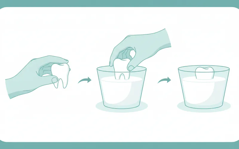 Diagram illustrating the correct way to handle a knocked out tooth by the crown and place it in milk