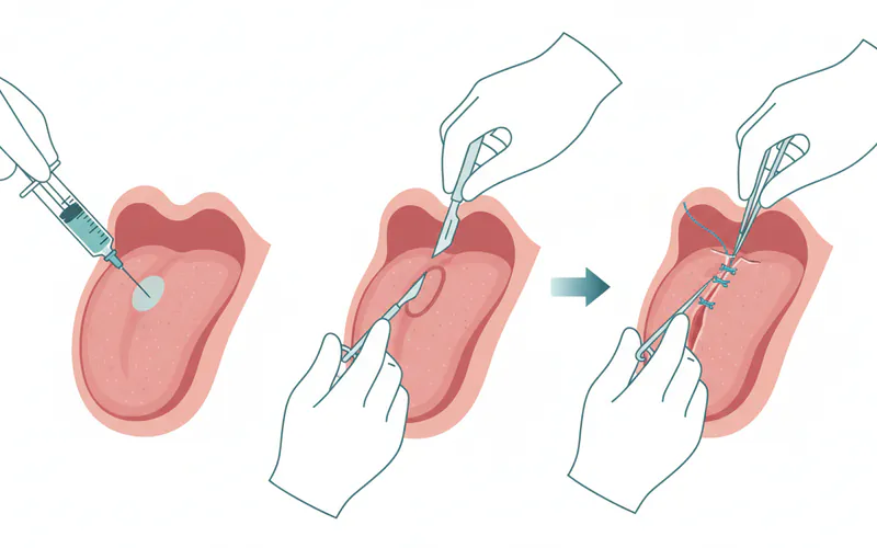 A diagram illustrating the process of an incisional biopsy on the tongue, showing the numbing injection, the removal of a small tissue sample, and the placement of sutures.