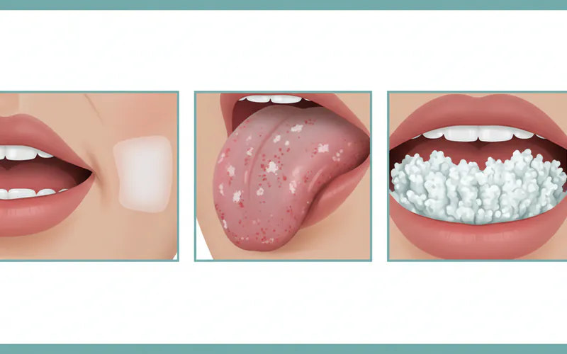 A series of clinical photographs showing different types of leukoplakia: a smooth, homogenous white patch on the buccal mucosa; a speckled (erythroleukoplakia) lesion on the lateral tongue; and a verrucous, thick lesion on the floor of the mouth.