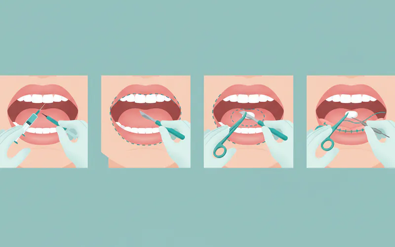 A step-by-step diagram showing the process of a small oral surgical excision for leukoplakia, from local anesthesia administration, marking the lesion, excising it with a scalpel, to suturing the wound.
