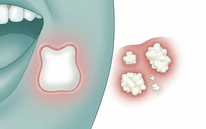 Detailed illustration comparing a leukoplakia lesion (firm, white, non-scrapable) next to a thrush lesion (creamy white, cottage-cheese like, scrapable) on the oral mucosa.