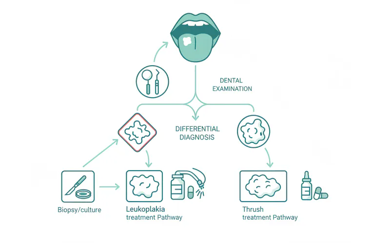 Flowchart illustrating the diagnostic pathway for an oral white lesion, starting from initial observation, through dental examination, differential diagnosis, biopsy/culture, and subsequent treatment pathways for leukoplakia vs. thrush.