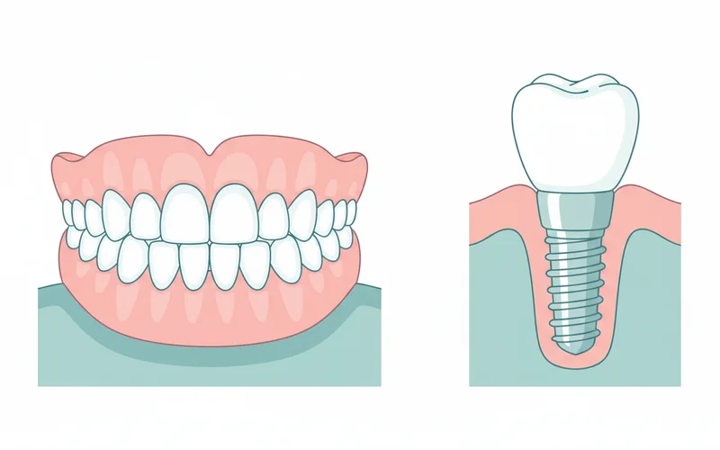 A side-by-side illustration showing a traditional full denture resting on gums and a single dental implant with its screw-like post in the jawbone, abutment, and crown