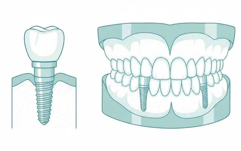 A detailed diagram showing the anatomy of a single dental implant (post, abutment, crown) alongside a diagram of a full arch implant-supported denture showing multiple implants anchoring a full bridge.