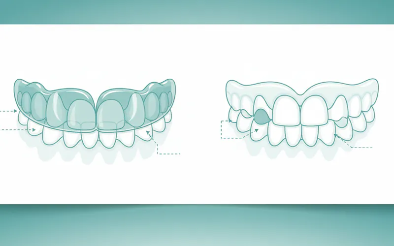 Diagram comparing a custom-fitted nightguard on upper teeth with an ill-fitting over-the-counter boil-and-bite guard. Labels would highlight the precision fit of the custom guard.