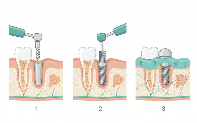 A series of three illustrations showing the step-by-step process of molar implant placement: 1) Initial drilling into the jawbone, 2) The implant screw being inserted, 3) The gum tissue sutured over the implant for healing.