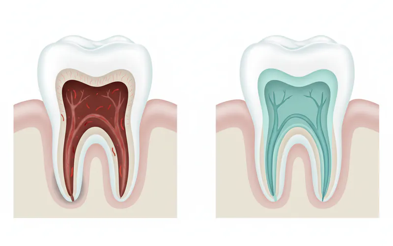 Detailed cross-section illustration of a molar tooth showing infected pulp in the root canals, and then a subsequent image showing the canals cleaned and filled with gutta-percha.