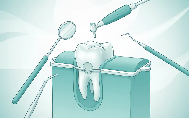 Illustration showing a molar tooth isolated with a rubber dam, with dental instruments positioned for access.