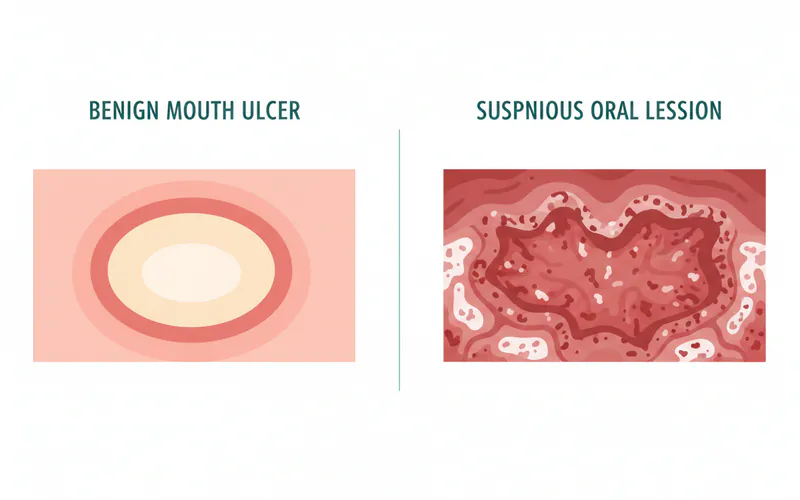 Infographic illustrating key differences between a benign mouth ulcer and a suspicious oral lesion