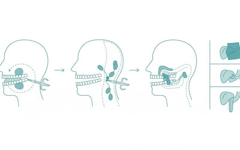 Diagram showing different surgical approaches for oral cancer, e.g., tumor excision, neck dissection, and reconstruction options