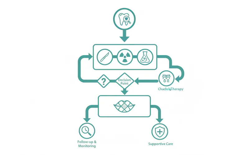 A flow chart illustrating the typical stages of oral cancer treatment from diagnosis to follow-up, including decision points for different therapies.