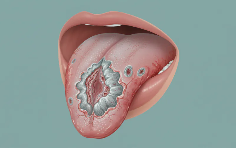 An example of an advanced oral cancer lesion on the tongue or buccal mucosa