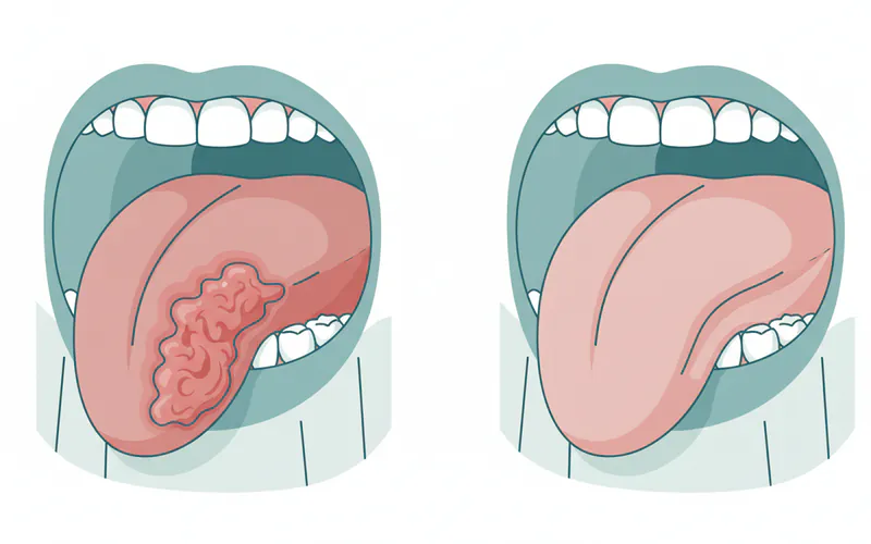 Before-and-after example of oral cancer treatment showing surgical removal and reconstruction results. One image shows a tumor on the tongue, and the next shows the tongue post-reconstruction with a functional, albeit altered, appearance.