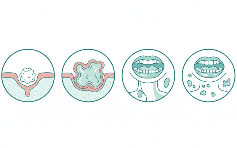 Diagram illustrating different stages of oral cancer and how they might appear, showing: Stage 0 (small lesion), Stage I (small tumor without spread), Stage III (larger tumor or spread to nearby lymph node), and Stage IV (advanced tumor or spread to distant organs).