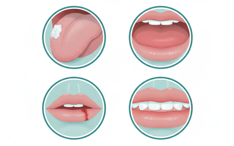 A series of four small photographs showing early signs of oral cancer: 1. A white, slightly raised patch (leukoplakia) on the side of the tongue. 2. A persistent reddish, velvety patch (erythroplakia) on the floor of the mouth. 3. A small, non-healing ulcer with slightly raised borders on the lower lip. 4. A subtle, persistent red and slightly swollen area on the gum line, mimicking mild gingivitis but not responding to hygiene.