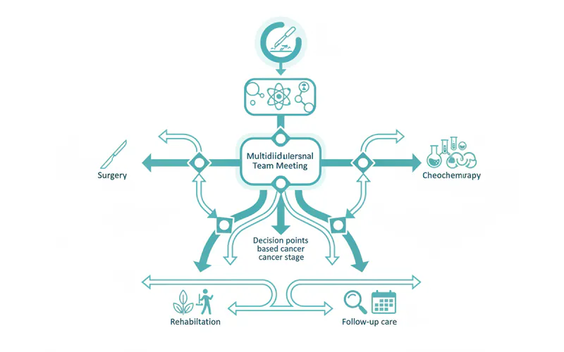A detailed diagram showing the treatment pathway for oral cancer, starting with diagnosis, leading to a multidisciplinary team meeting, then branching into primary treatment options (Surgery, Radiation, Chemotherapy), and finally showing arrows for follow-up care and rehabilitation. The diagram highlights decision points based on cancer stage.