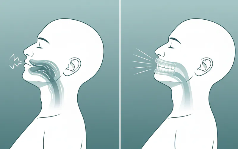A side-by-side illustration showing a person snoring with their airway constricted, and another illustration showing the same person wearing a mouth guard with their airway open and clear.