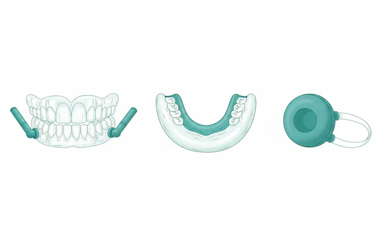 A diagram showing three different types of mouth guards side-by-side: a custom MAD with upper and lower trays connected, a generic boil-and-bite, and a TRD cupping the tongue tip.