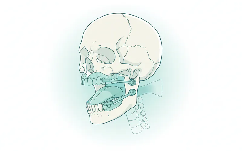 Illustration of a custom-fitted Mandibular Advancement Device (MAD) in place, showing how it moves the jaw forward to open the airway