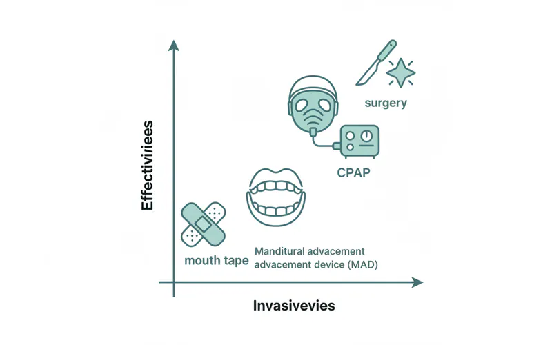Comparison chart illustrating the effectiveness and invasiveness of different snoring treatments (mouth tape, MAD, CPAP, surgery) on a scale.