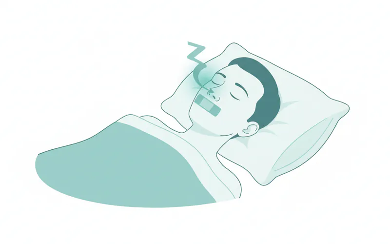 A simple diagram showing a person sleeping with tape over their mouth, indicating nasal breathing