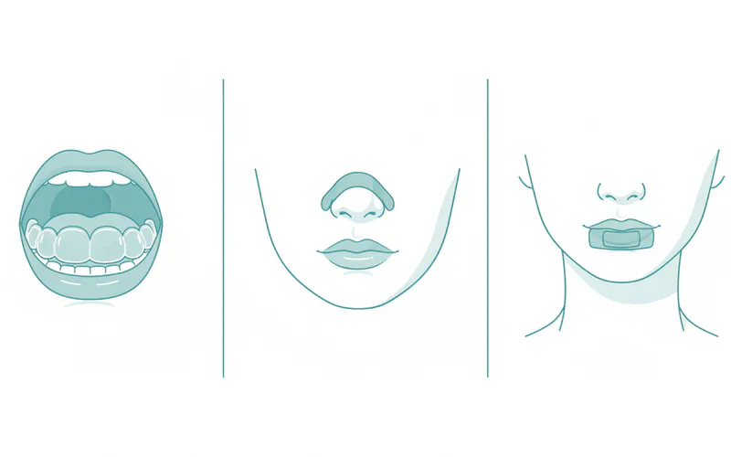 A comparison graphic showing a mouth appliance (MAD), a nasal strip, and a person using mouth tape side-by-side with brief labels.