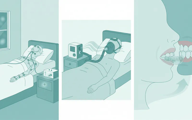 A series of three illustrations showing the sleep apnea treatment process: 1) A patient undergoing an in-lab sleep study with sensors, 2) A patient using a CPAP machine with a mask, and 3) A patient wearing a custom oral appliance (mouth guard) for sleep apnea.