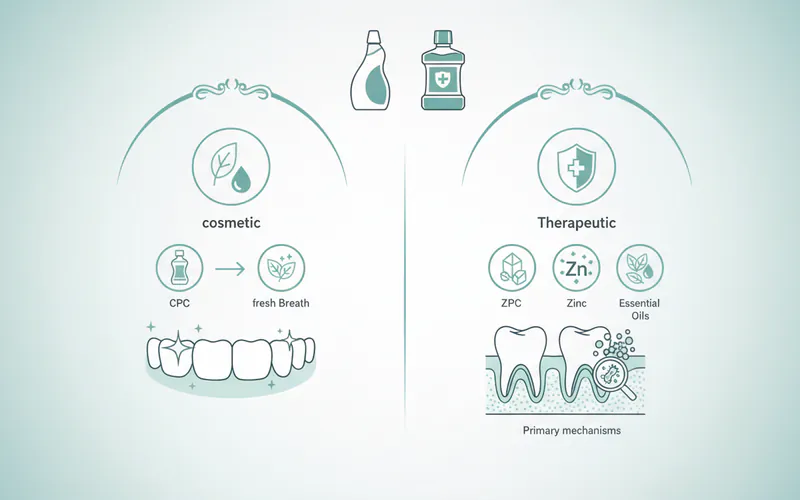 A visually appealing infographic comparing different types of mouthwashes (cosmetic vs. therapeutic, with icons representing active ingredients like CPC, Zinc, Essential Oils, and their primary mechanisms.)