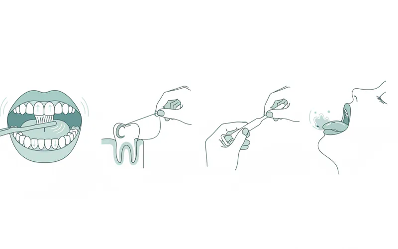 A step-by-step visual guide on proper oral hygiene, showing someone brushing teeth, flossing, and using a tongue scraper, followed by using a mouthwash.