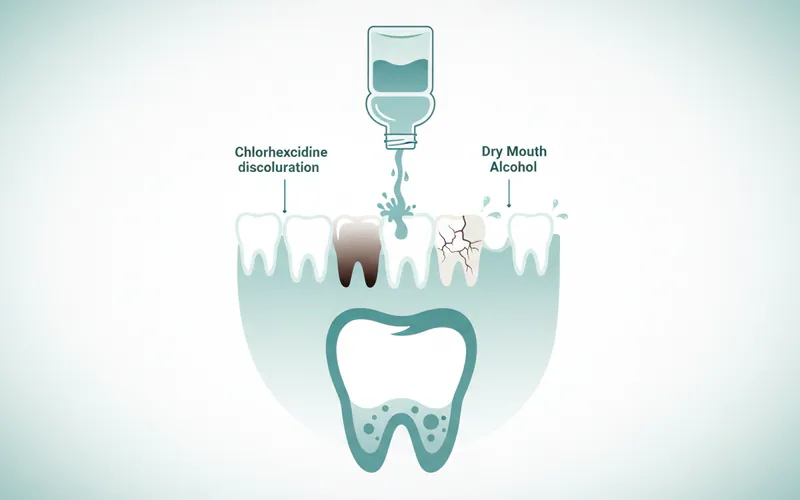 A diagram illustrating the potential negative effects of excessive or inappropriate mouthwash use, such as tooth staining from chlorhexidine, dry mouth from alcohol, and masked underlying dental issues.