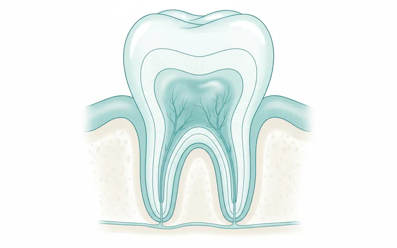 A cross-section diagram of a healthy natural tooth showing enamel, dentin, pulp, root, and supporting gum and bone structures.