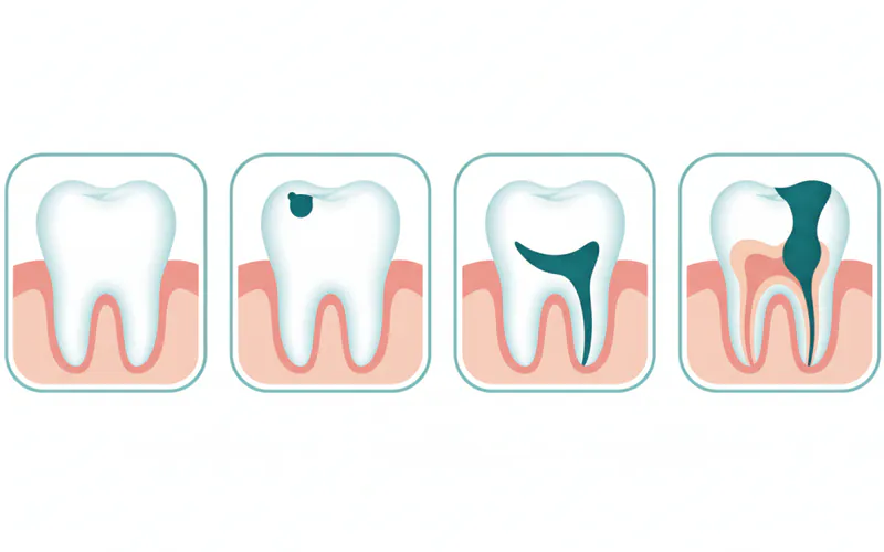 A series of illustrations showing different stages of tooth decay, from a small pit to a large cavity reaching the pulp.