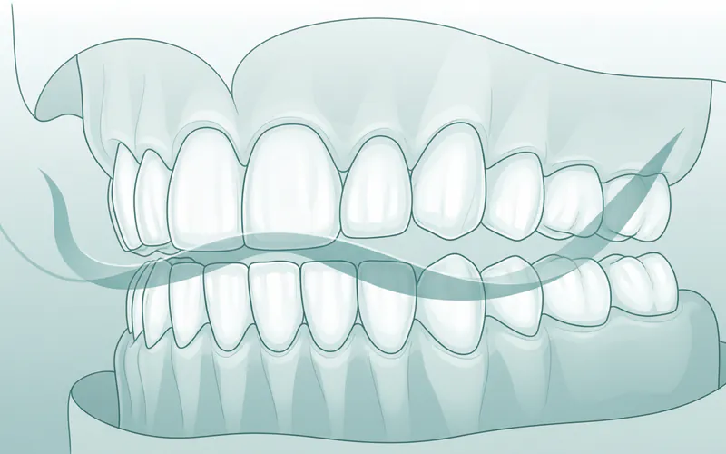 A close-up illustration showing a clear, custom-fitted night guard on the upper teeth, with the lower teeth positioned just below it, demonstrating how it creates a protective barrier and slight jaw separation.
