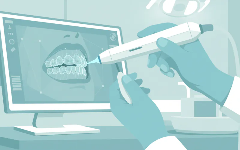 Dentist taking digital scan of patient's teeth for a night guard, showing a wand scanning the teeth on a monitor