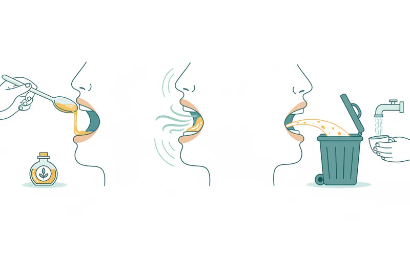 A series of illustrations showing the step-by-step process of oil pulling, from putting oil in the mouth to swishing, and finally spitting into a trash can and rinsing.