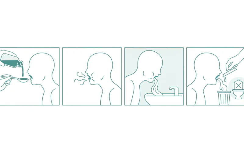 A clear, step-by-step infographic showing an individual correctly performing oil pulling, from pouring oil to swishing and disposal.