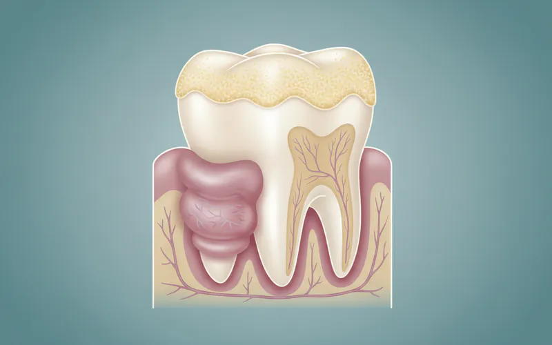 A visual representation of a tooth with plaque buildup and inflamed gum tissue.