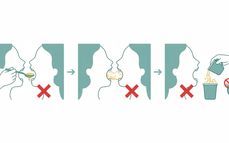 Step-by-step visual guide to oil pulling, showing a person swishing oil, the oil changing consistency, and properly disposing of it. Emphasize "DON'T SWALLOW."