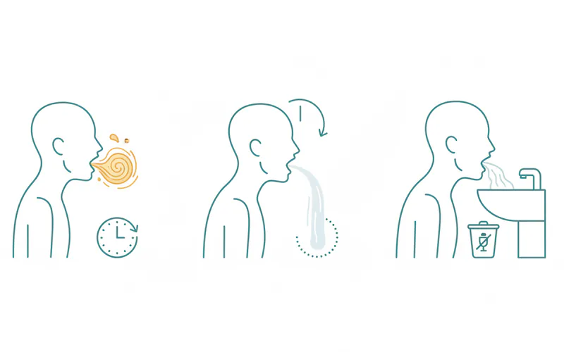 A simple infographic illustrating the step-by-step process of oil pulling, showing an individual swishing oil, the recommended duration, and proper disposal.