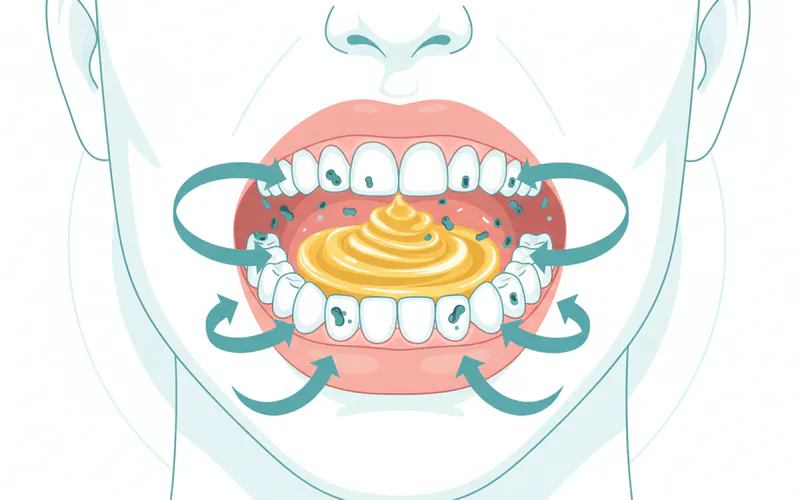 A diagram showing a person swishing oil in their mouth, with arrows indicating the oil binding to and "pulling" bacteria and debris from teeth and gums.