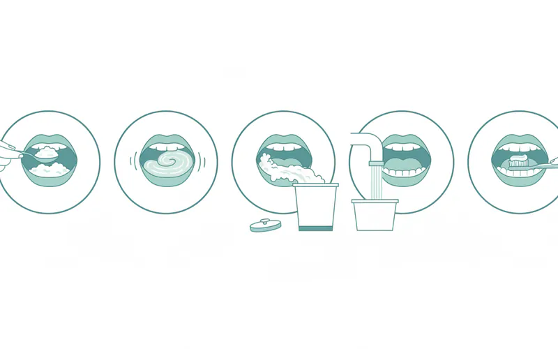 A step-by-step infographic showing a person performing oil pulling: 1. Spoon of coconut oil, 2. Swishing in mouth, 3. Spitting into a trash can, 4. Rinsing with water, 5. Brushing teeth.
