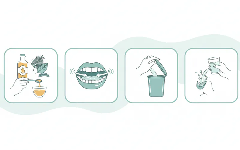 A step-by-step infographic showing how to perform oil pulling, from selecting oil, measuring, swishing gently, to spitting into a trash can and rinsing.