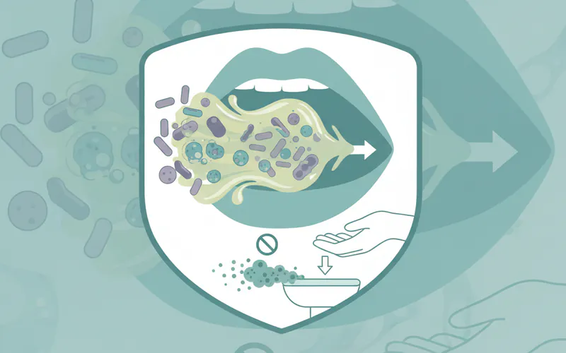 A diagram illustrating the oral microbiome, showing bacteria being "pulled" into the oil and the importance of spitting it out to remove these toxins.