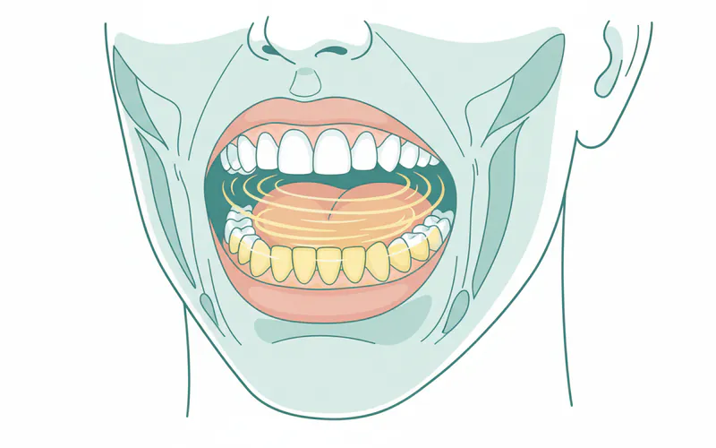 Illustration of a person properly performing oil pulling, showing the oil swishing gently through teeth and around gums, not gargling